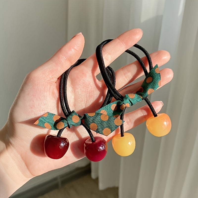 3pcs Adorable Cherry-Shaped Hair Ties for girls - Vibrant Red with Green Polka Dot Ribbon