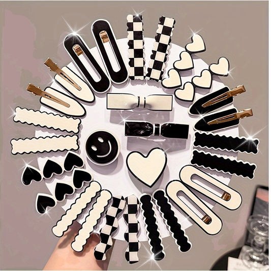 Chic Black & White Plaid Hair Clip - Seamless Acrylic Duckbill Barrette for Bangs Styling, Bangs Styling
