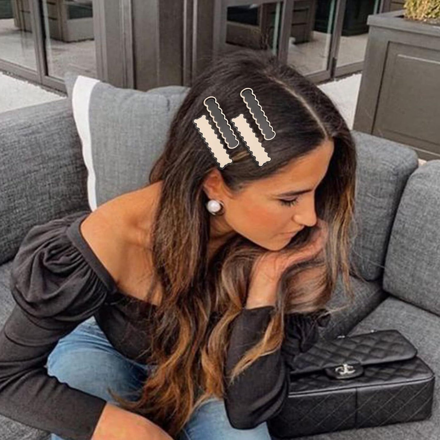 16pcs Cute Sweet Korean Style Hair Clips Set, Black White Checker & Wave Geometric Duckbill Pins