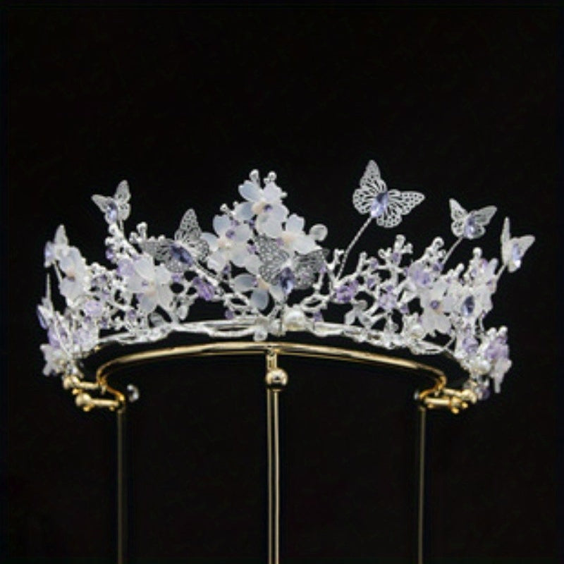 Elegant Rhinestone Bridal Crown - Sparkling Pink Wedding Headband with Floral Design