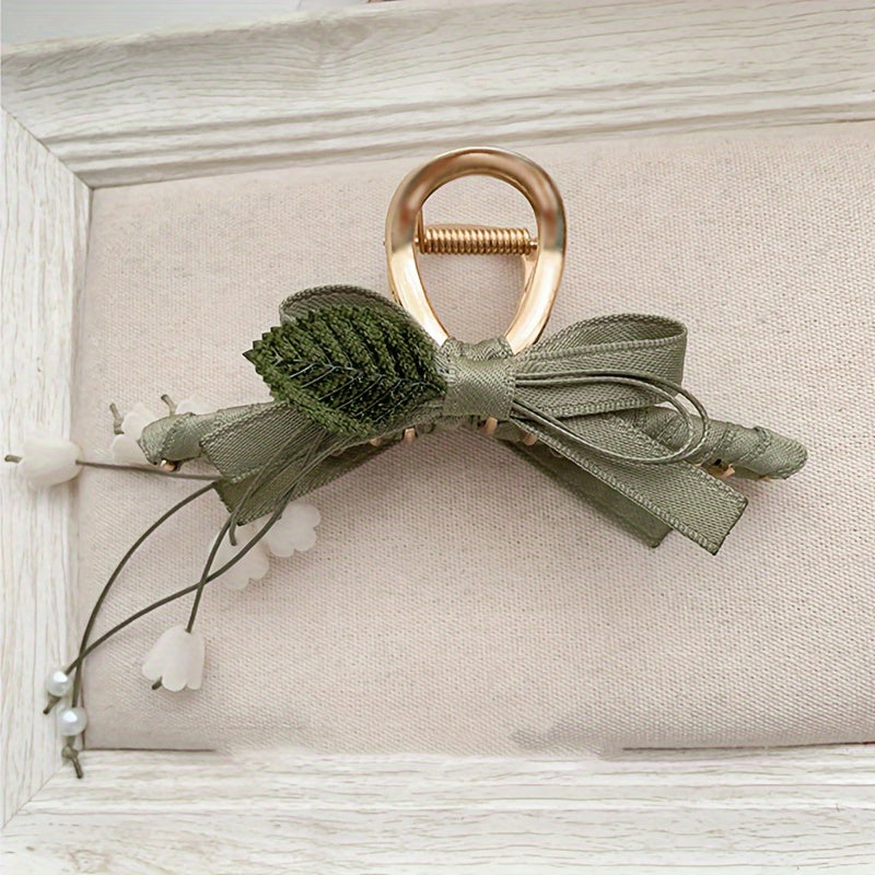 Vintage Elegance Fabric Flower Hair Clip with Bow Detail, French Forest Lily Tassel Design