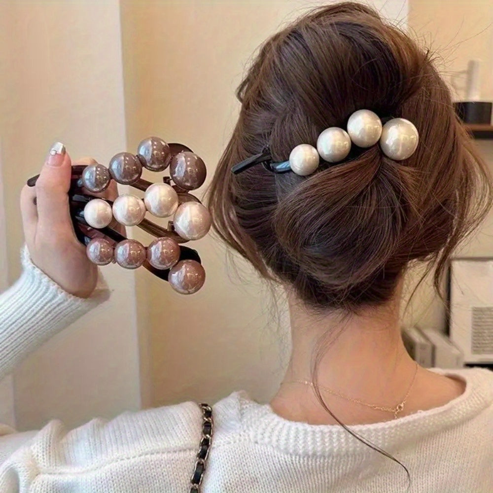 4pcs Elegant Pearl Hair Clips for Women - Long Hair with Black Ribbon Decoration