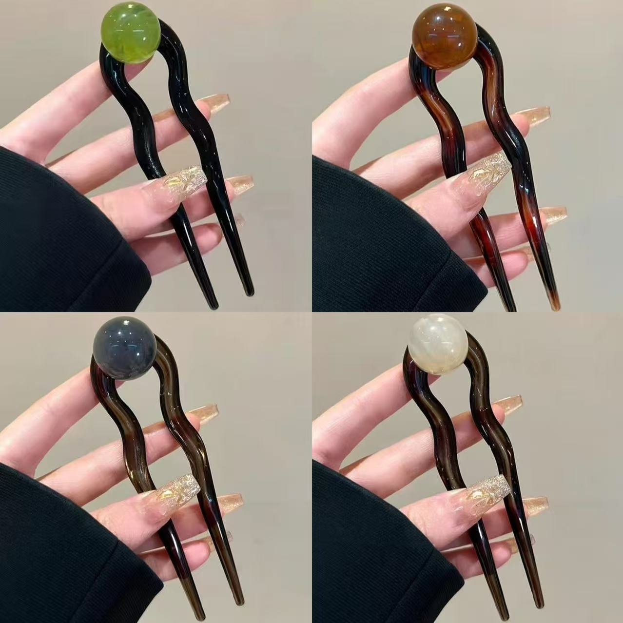 3pcs Elegant Retro U-Shaped Hairpins with Jelly Beads - Vintage-Inspired Acrylic Hair Accessories for Daily Commute & Bun Hairstyles