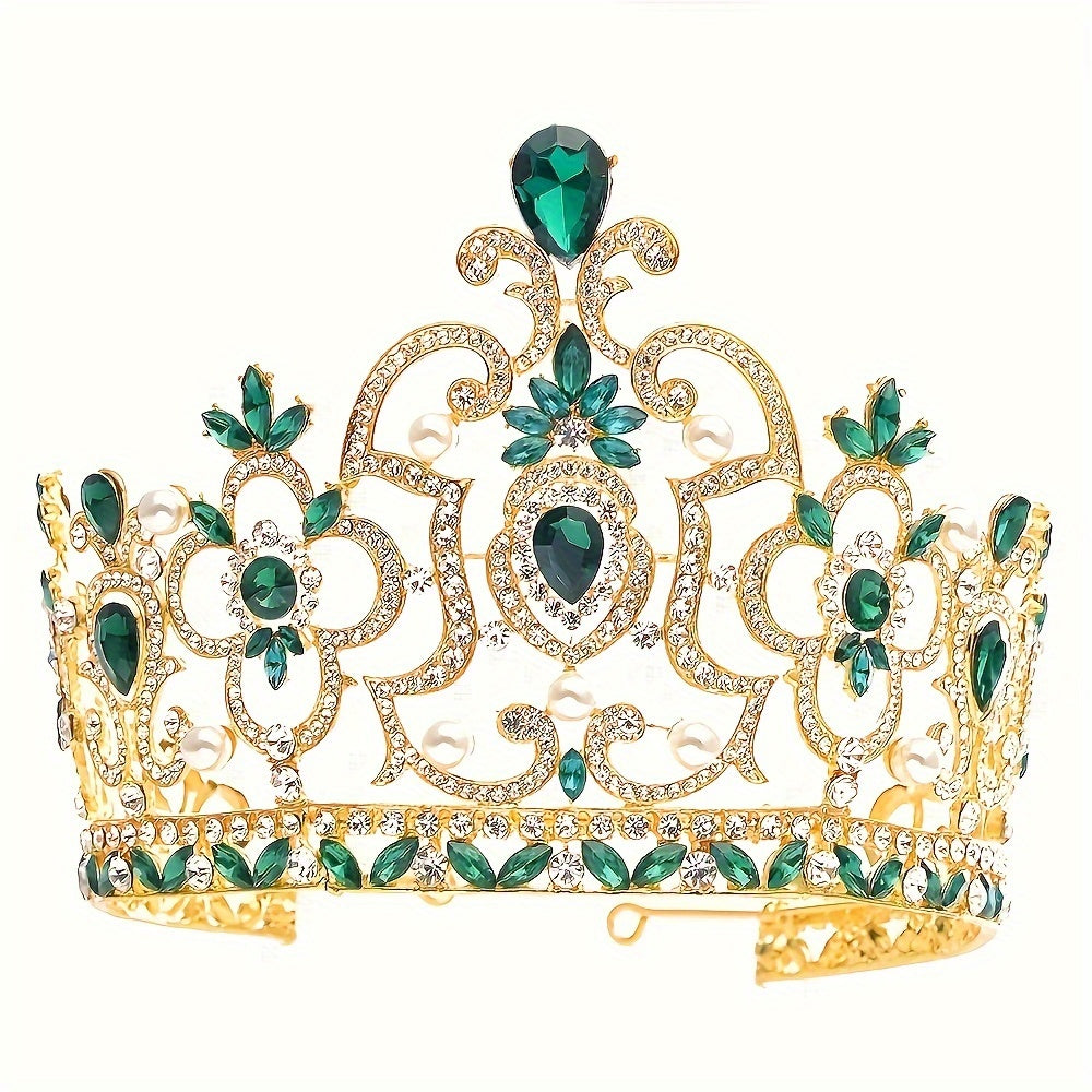 Baroque Rhinestone Crown Headband, Zinc Alloy White Tiara with Plant Details